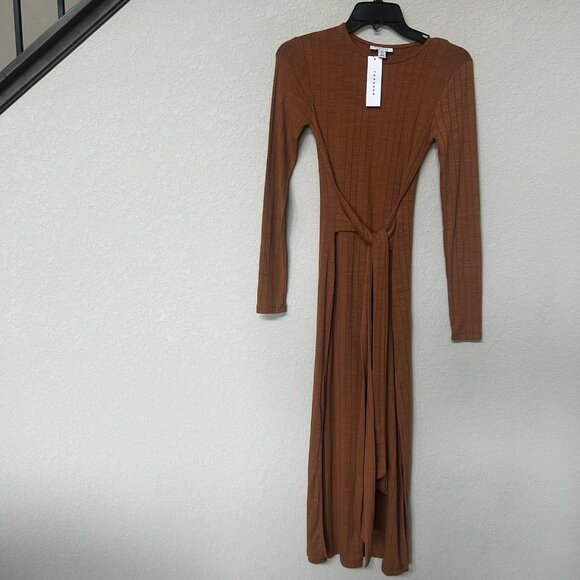 NWT Topshop Rib Knit Tie Waist Fall Brown Bodycon Fitted Dress With Slits - Picture 8 of 8